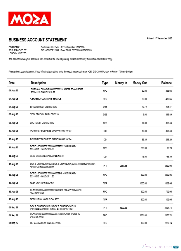 Download Moza Banco firm account statement Word and PDF template (1) Photoshop template
